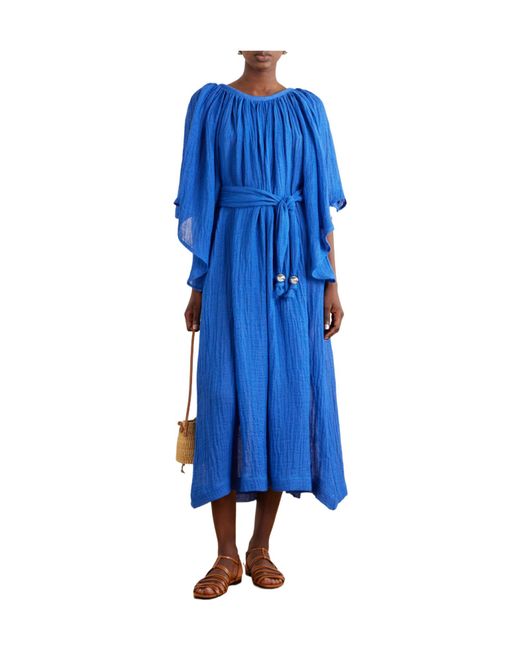 Lisa Marie Fernandez Blue Embellished Belted Crinkled Linen-Blend Gauze Midi Dress