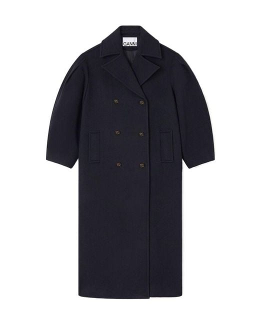 Ganni Blue Double-Breasted Long Coat