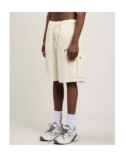 Palm Angels White Curved Logo Loose Cargo Shorts for men