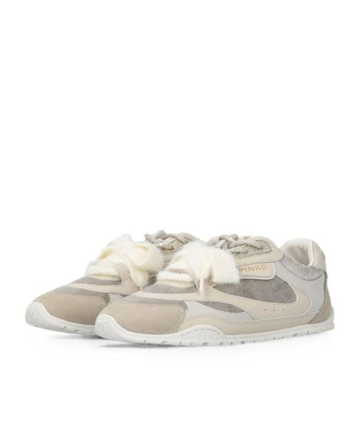 Pinko White Panelled Shearling-Trim Sneakers