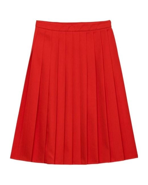 Prada Red Gabardine Pleated Midi Skirt