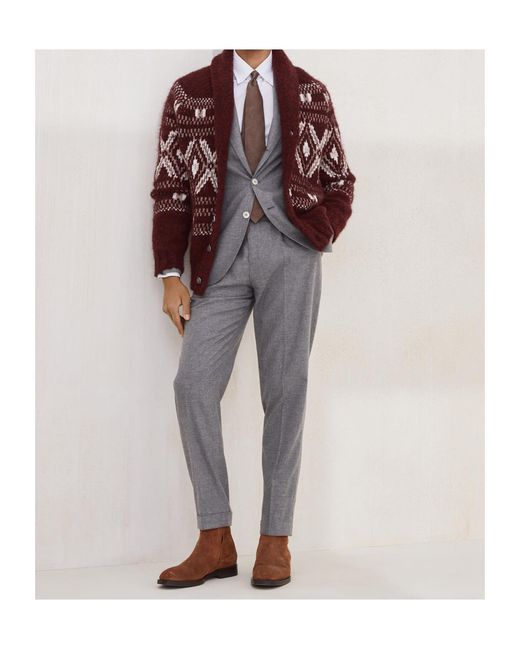 Brunello Cucinelli Red Patterned Shawl-Collar Cardigan for men