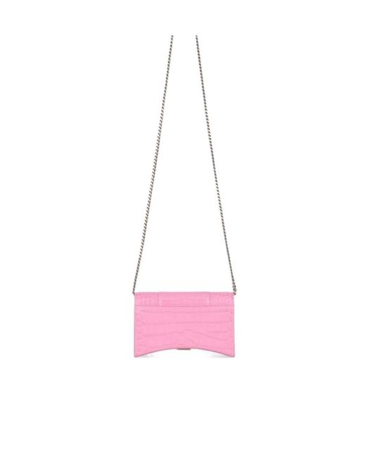 Balenciaga Pink Hourglass Wallet With Chain Crocodile Embossed