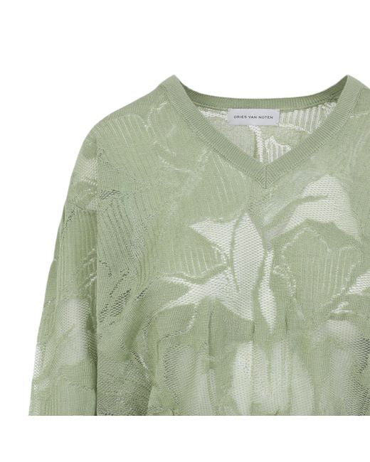 Dries Van Noten Green Lace V-Neck Sweater