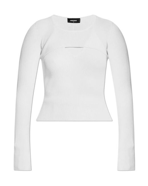 DSquared² White Cut-Out Ribbed-Knit Crewneck Top