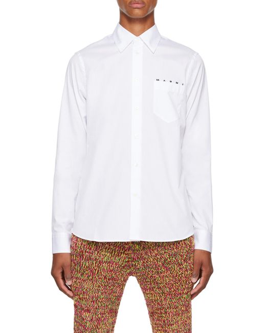 Marni White Logo Print Buttoned Long Sleeved Shirt for men