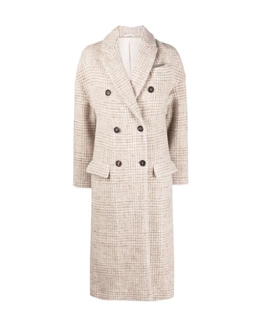 Brunello Cucinelli Natural Double-Breasted Checked Coat