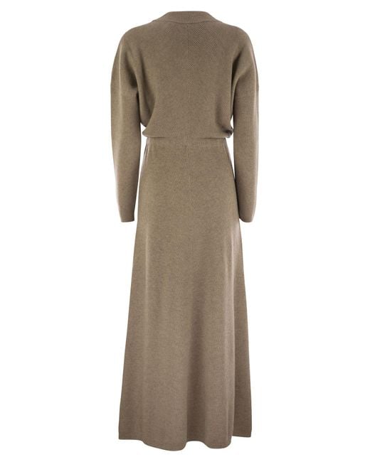 Brunello Cucinelli Natural V-Neck Knitted Maxi Dress