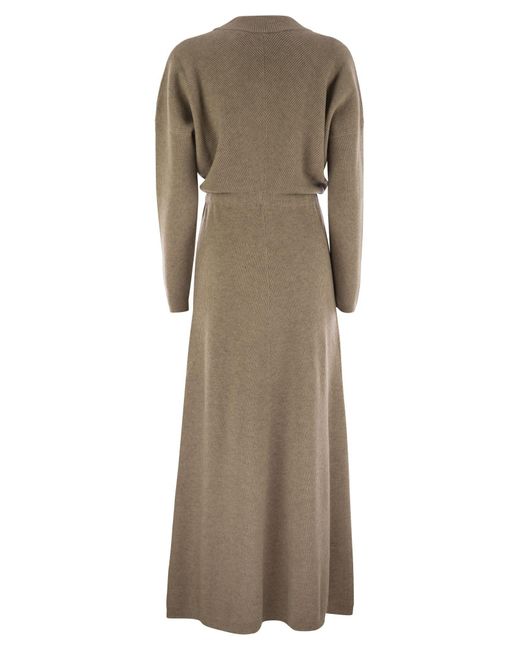 Brunello Cucinelli Natural V-Neck Knitted Maxi Dress