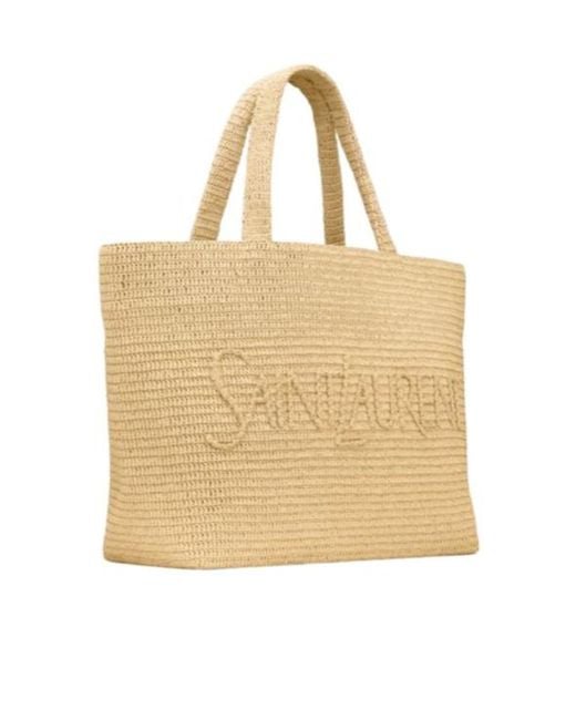 Saint Laurent Natural Large Logo Embroidered Raffia Tote Bag