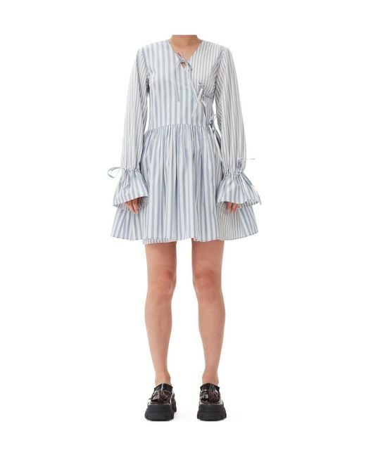Ganni White Stripe Cotton Mini Wrap Dress