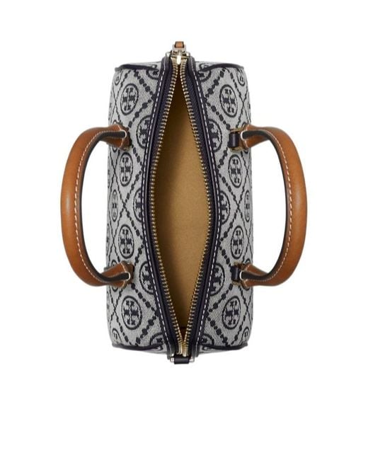 Tory Burch Gray T Monogram Zipped Mini Barrel Bag