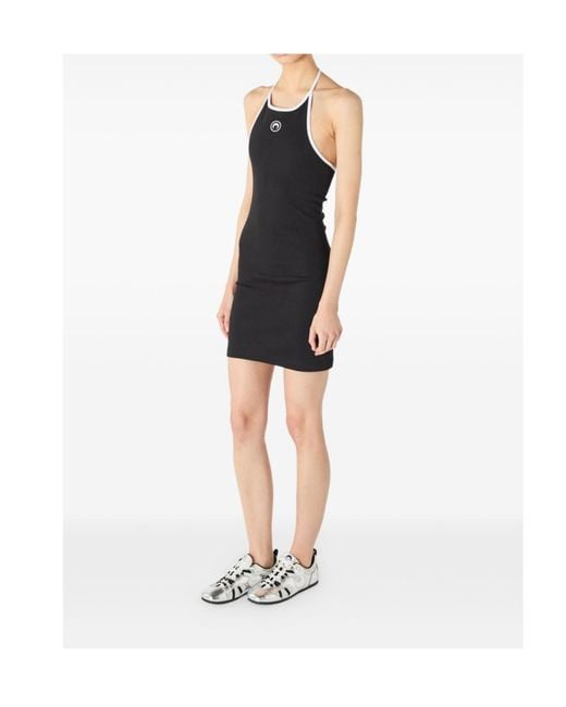 MARINE SERRE Black Moon Logo Ribbed Jersey Halter Short Dress