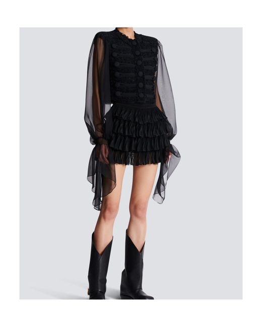 Balmain Black Chiffon-Sleeve Tweed Jacket