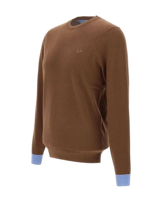 Sun 68 Brown Contrast Elbow-Patch Knitted Sweater for men