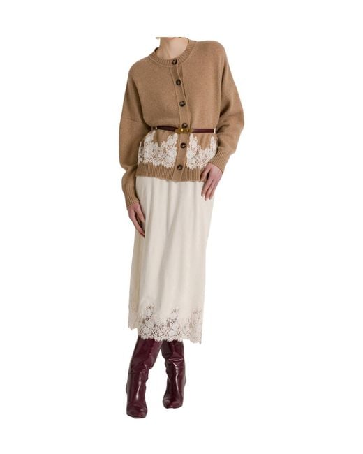 Alberta Ferretti Brown Cashmere Cardigan With Contrasting Lace Hem