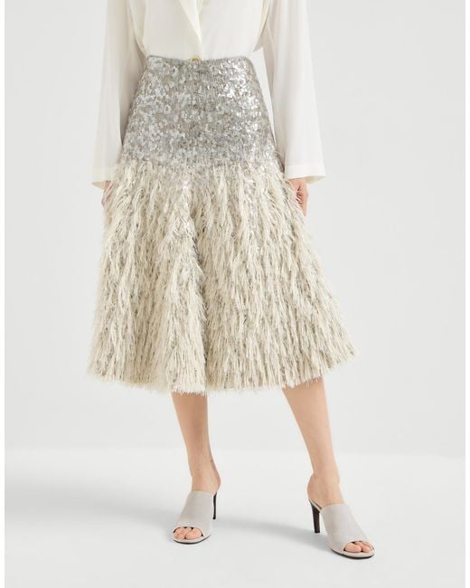 Brunello Cucinelli Natural Dazzling Fil Coupé Midi Skirt