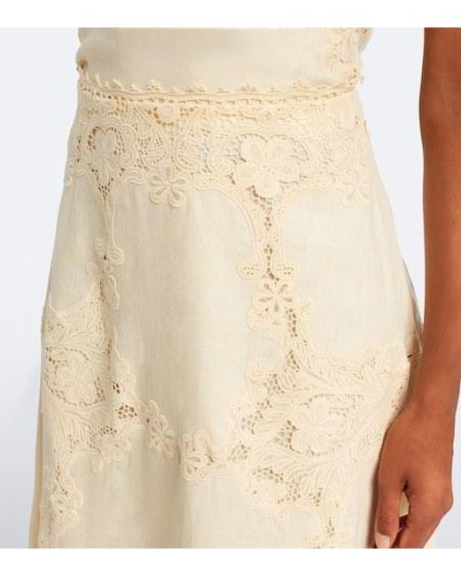 Ulla Johnson Natural Fleur Crochet-Trimmed Linen Midi Skirt
