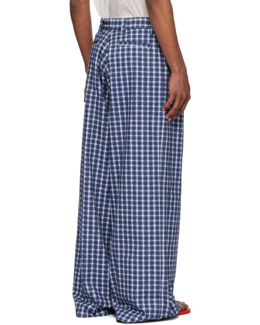 ERL Blue Check Pleated Trousers for men