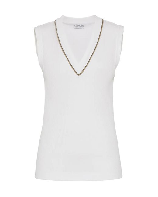 Brunello Cucinelli White Stretch-Cotton V-Neck Top