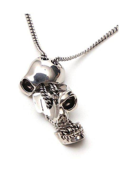 McQueen Metallic Divided Skull Pendant Necklace for men