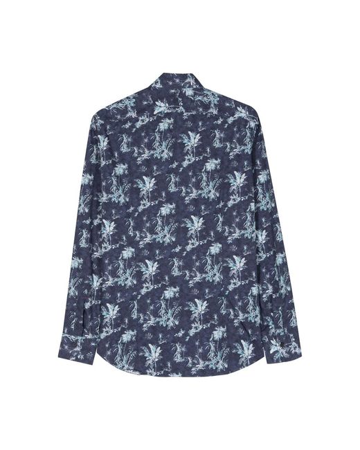 Mazzarelli Blue Botanical-Print Cotton Shirt for men