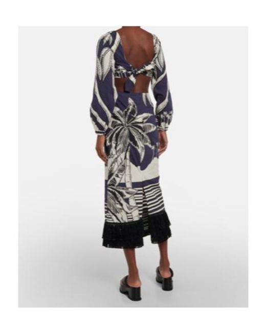 Johanna Ortiz Blue Printed Fringe-Trimmed Cotton Maxi Dress