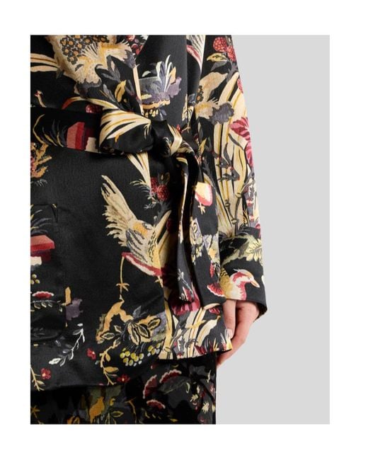Etro Black Envers Satin Jacket With Belt And Flower And Animal Motif