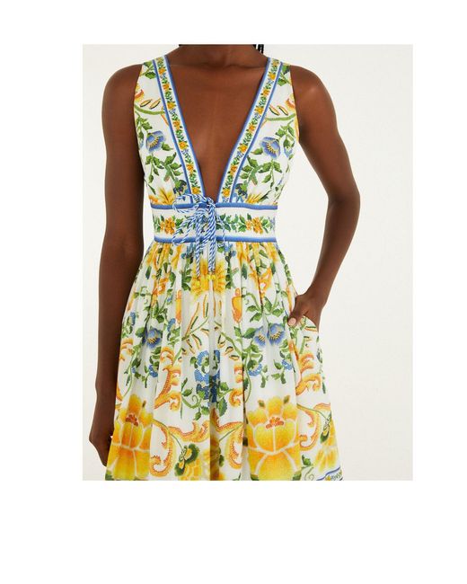 Farm Rio White Long Dress With Floral Print And Deep V-neck