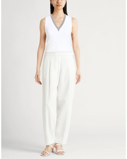 Brunello Cucinelli White Solid Color V-Neck Sleeveless Top