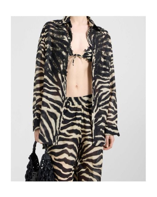 Ermanno Scervino Black Cotton And Silk Blend Shirt With Zebra Print And Rebrodé Lace