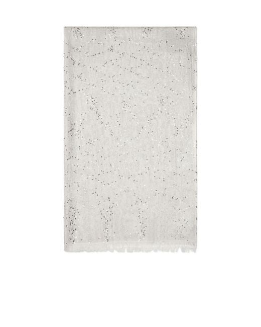 Brunello Cucinelli White Glitter Embellished Frayed-Edge Scarf
