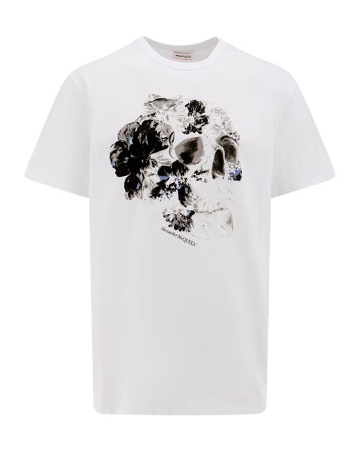McQueen White Skull Printed Crewneck T-Shirt for men