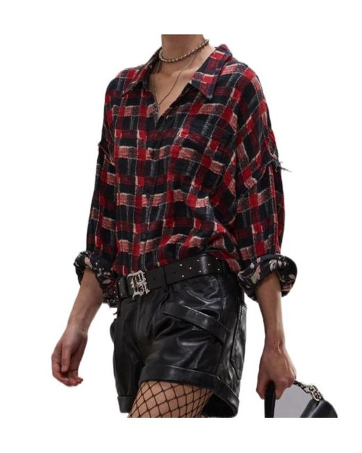 R13 Red Reversible Checked Floral Shirt