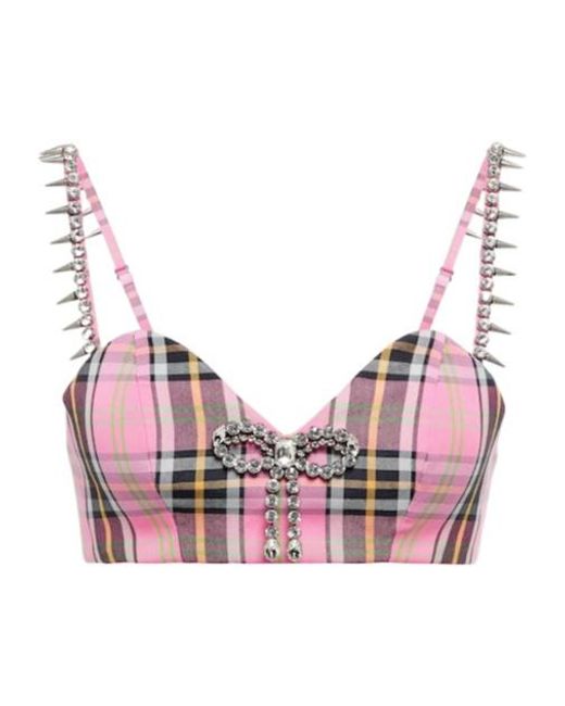 Area Pink Embellished Cropped Plaid Corset Top