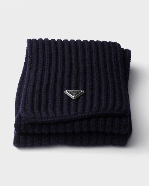 Prada Blue Triangle-Logo Wool Scarf for men
