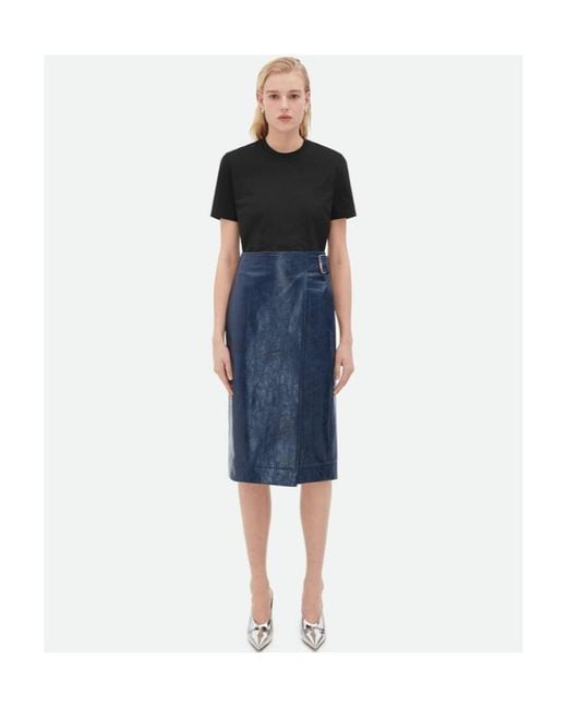 Bottega Veneta Blue Embossed Leather Midi Skirt