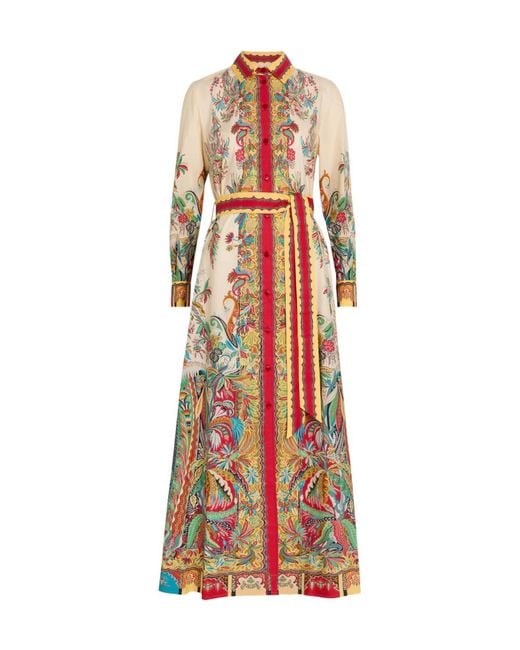 Etro Red Printed Belted Cotton-Poplin Midi Shirt Dress