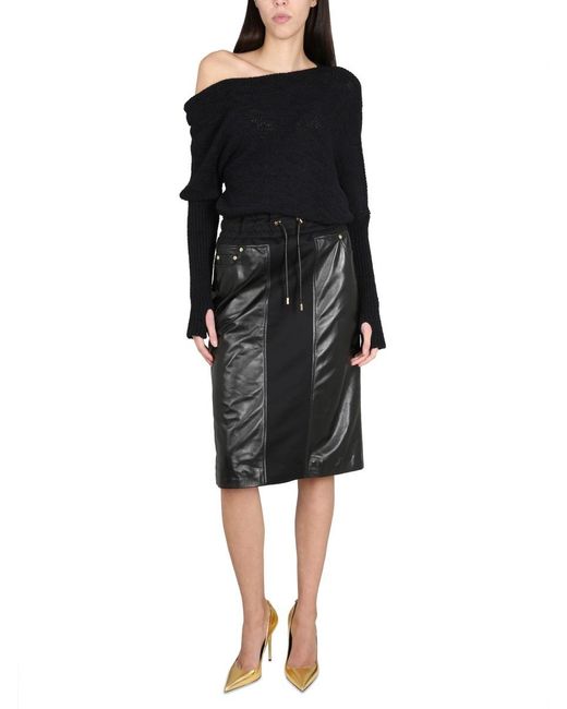Tom Ford Black Drawstring Leather Midi Skirt
