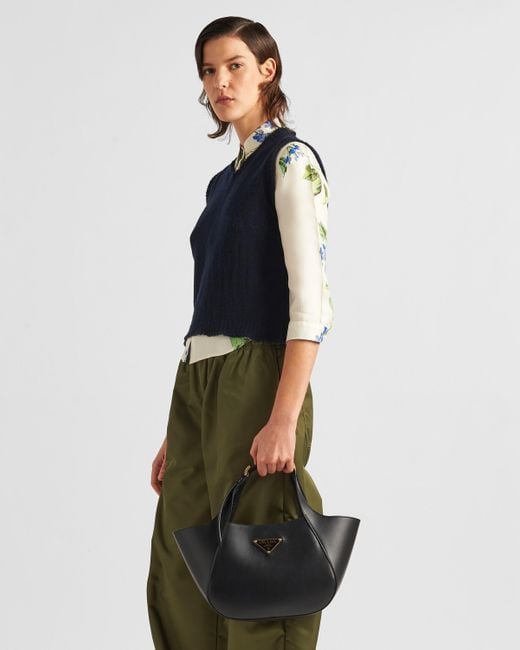Prada Black Medium Enamel Triangle Logo Leather Tote Bag