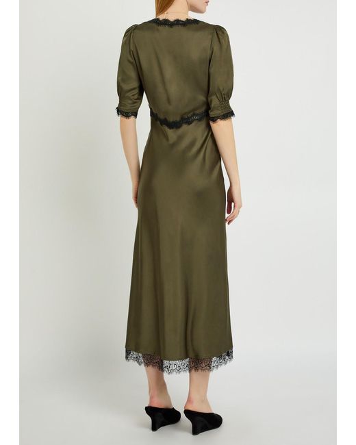 Rixo Green Annina Lace-Embellished Satin Midi Dress
