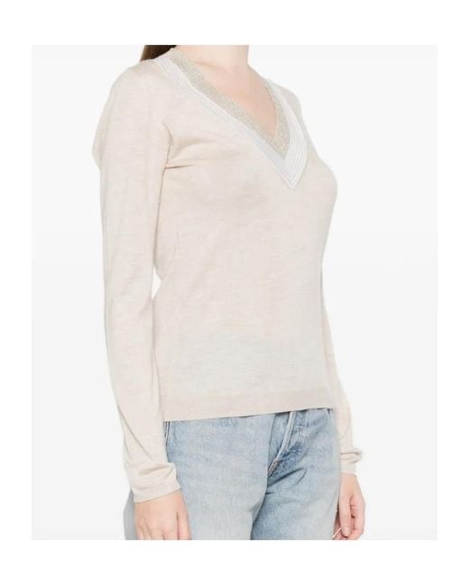 Brunello Cucinelli White Striped V-Neck Knitted Sweater
