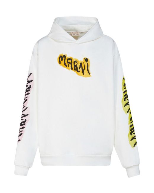 Marni White Graffiti Printed Long Sleeved Hoodie for men