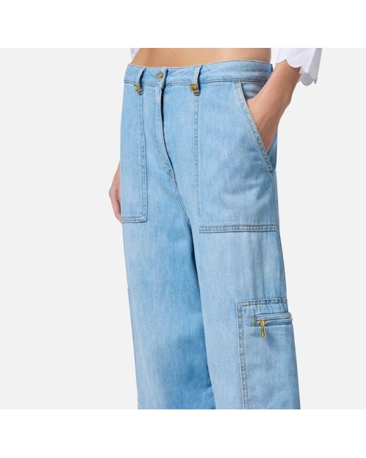 Elisabetta Franchi Blue Maxi Pockets Jewelled Detailed Cargo Jeans
