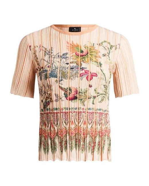 Etro White Pleating And Placed Print Short-Sleeved Sweater
