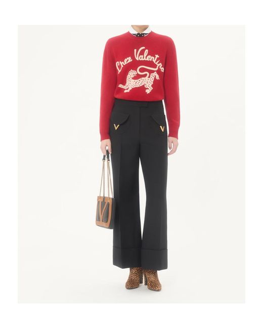 Valentino Black Logo Plaque Wide-Leg Pants