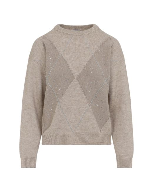 Peserico Gray Sequin-Embellished Diamond-Pattern Sweater