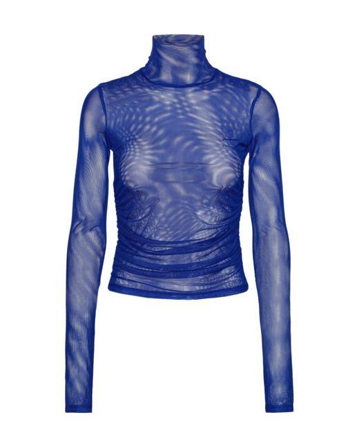 ROTATE BIRGER CHRISTENSEN Blue Mesh Rouched Sweater