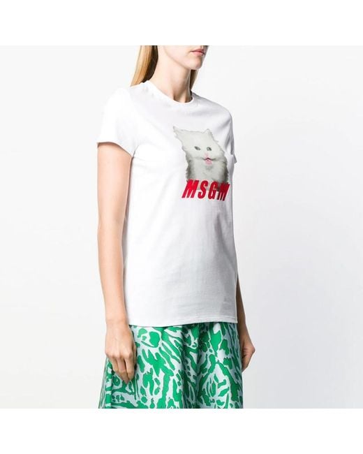 MSGM White Cat Printed Logo Short-Sleeved T-Shirt