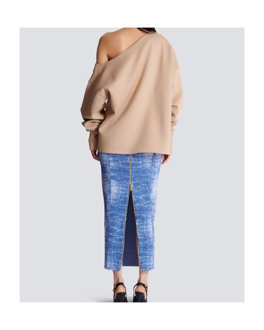 Balmain Natural Asymmetrical Jersey Off-The-Shoulder Sweatshirt